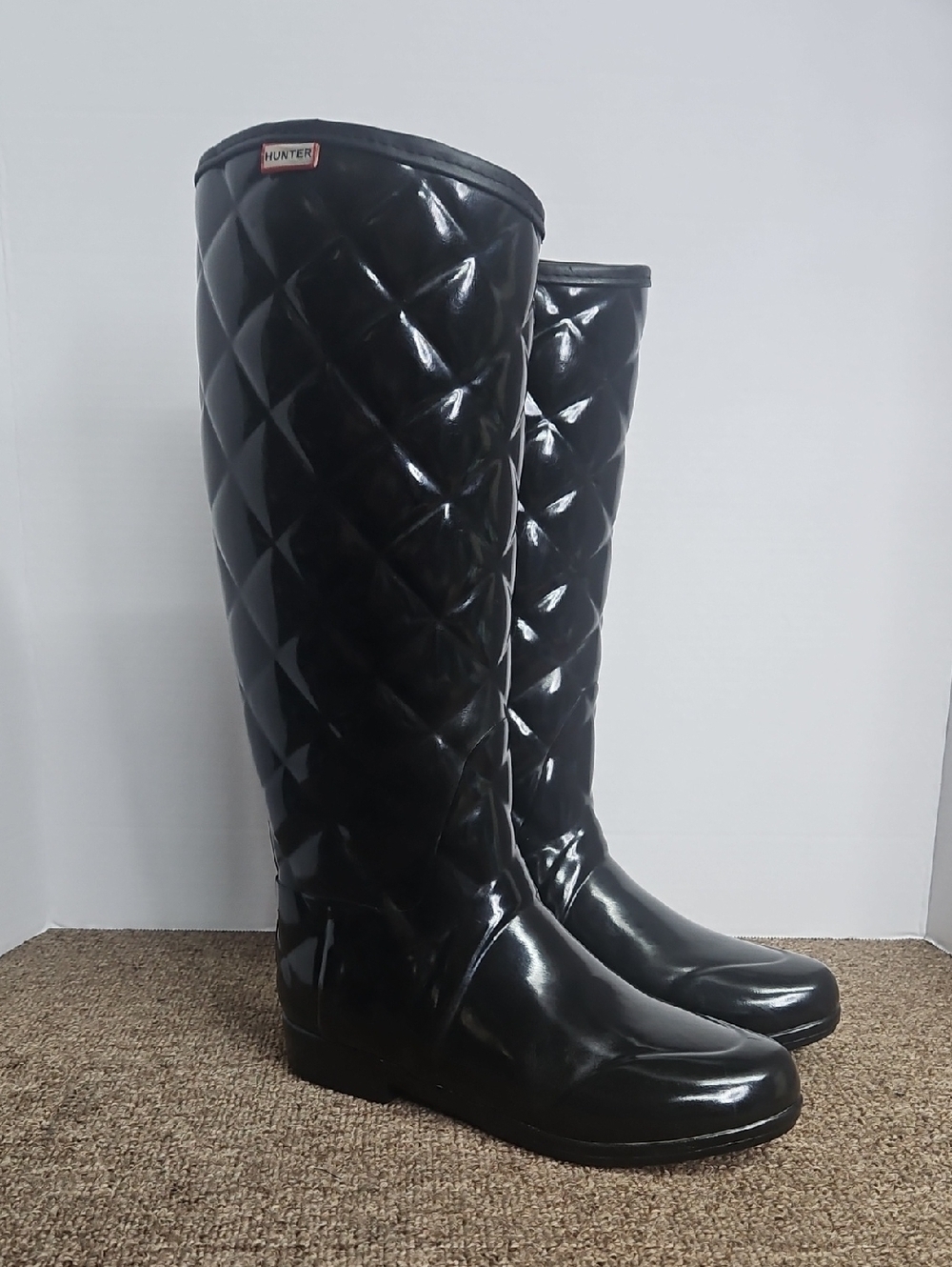 Hunter Black Quilted Glossy Tall Boots Size 7 Womens